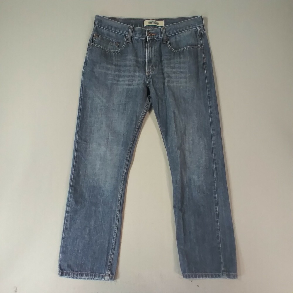 Wrangler jeans slim straight men's 33 x 30 blue denim pants whiskers medium wash